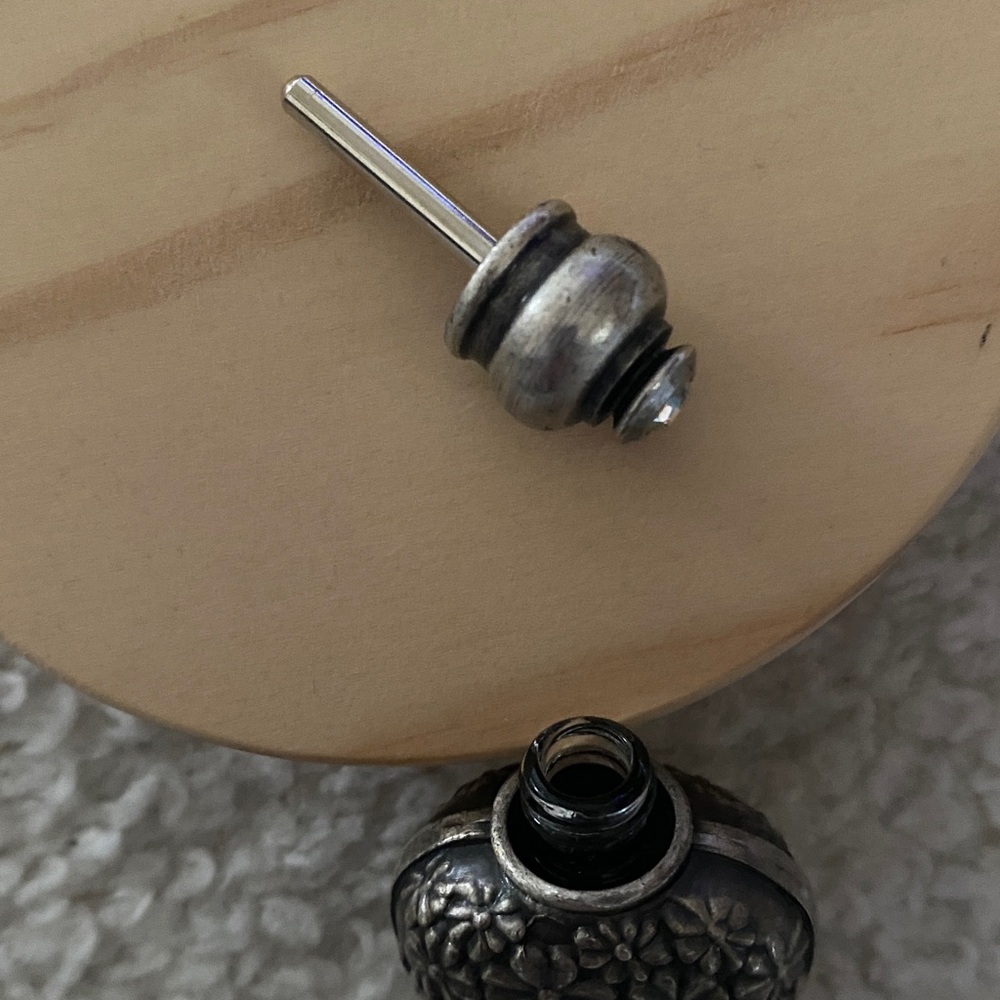 Minature Heart Silvertone Over Glass Perfume Bottle Jeweled Stopper - Picture 5 of 13
